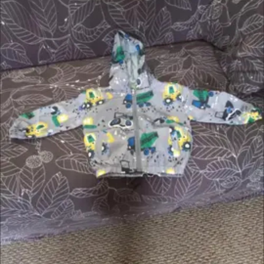 Children's Hooded Jacket Gray Excavator Print Zipper Coat Top For Girls And Boys